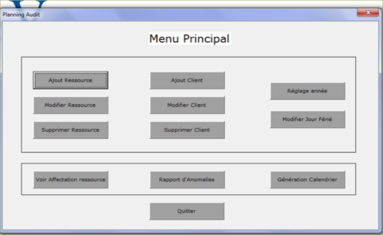 Application gestion planning excel